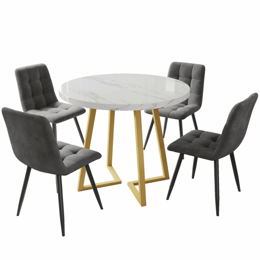 Conjunto de sala de jantar de 5 peças - Mesa redonda de 80 cm com pernas douradas - Branco e cinzento