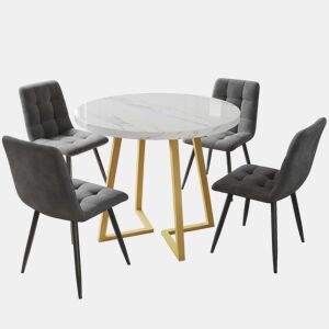 Conjunto de sala de jantar de 5 peças - Mesa redonda de 80 cm com pernas douradas - Branco e cinzento