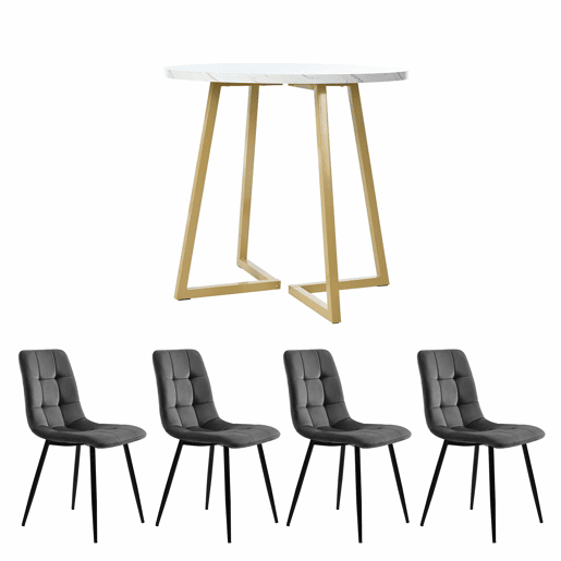 Conjunto de sala de jantar de 5 peças - Mesa redonda de 80 cm com pernas douradas - Branco e cinzento
