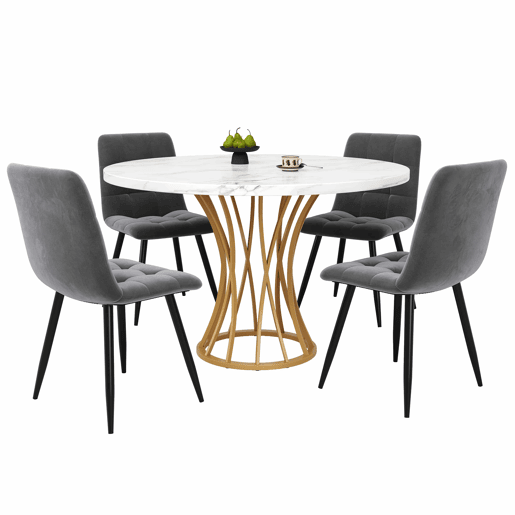 Conjunto de sala de jantar de 5 peças 80 cm - Mesa redonda com pernas metálicas douradas, tampo em mármore branco, cadeiras em veludo cinzento