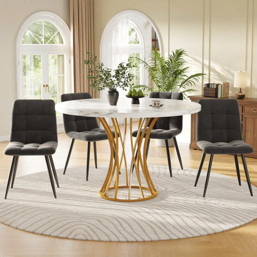 Conjunto de sala de jantar de 5 peças 80 cm - Mesa redonda com pernas metálicas douradas, tampo em mármore branco, cadeiras em veludo cinzento
