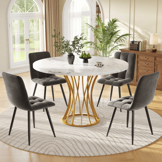 Conjunto de sala de jantar de 5 peças 80 cm - Mesa redonda com pernas metálicas douradas, tampo em mármore branco, cadeiras em veludo cinzento