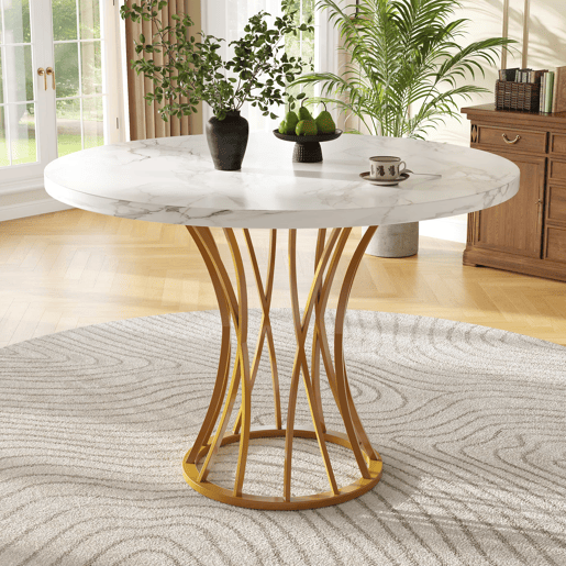 Conjunto de sala de jantar de 5 peças 80 cm - Mesa redonda com pernas metálicas douradas, tampo em mármore branco, cadeiras em veludo cinzento