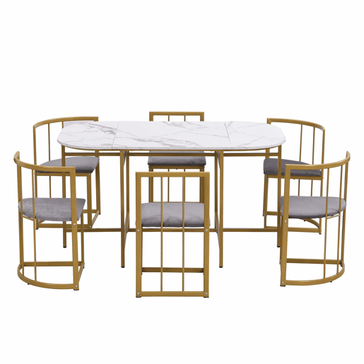 Conjunto de mesa e 6 cadeiras - cadeiras com almofada de assento e encosto - dourado