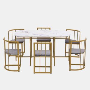 Conjunto de mesa e 6 cadeiras - cadeiras com almofada de assento e encosto - dourado