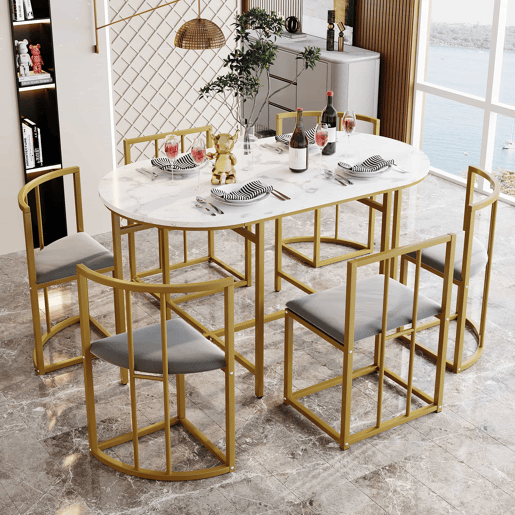 Conjunto de mesa e 6 cadeiras - cadeiras com almofada de assento e encosto - dourado