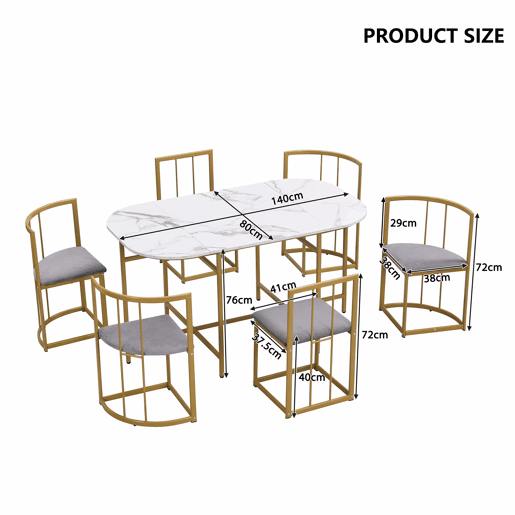 Conjunto de mesa e 6 cadeiras - cadeiras com almofada de assento e encosto - dourado