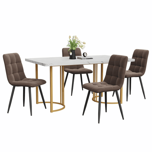 Conjunto de sala de jantar 140x80cm - Mesa com 4 cadeiras de veludo castanho, pernas douradas