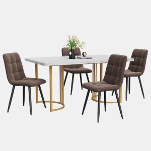 Conjunto de sala de jantar 140x80cm - Mesa com 4 cadeiras de veludo castanho, pernas douradas