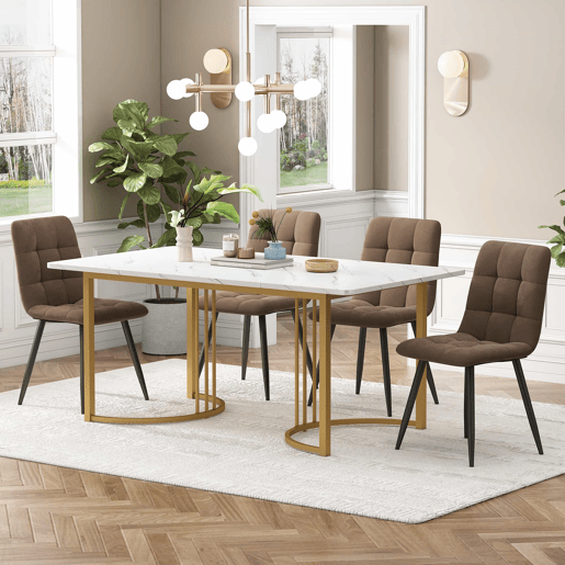 Conjunto de sala de jantar 140x80cm - Mesa com 4 cadeiras de veludo castanho, pernas douradas