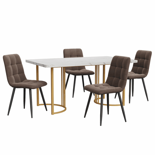 Conjunto de sala de jantar 140x80cm - Mesa com 4 cadeiras de veludo castanho, pernas douradas