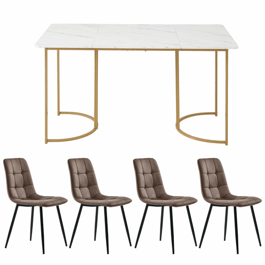 Conjunto de sala de jantar 140x80cm - Mesa com 4 cadeiras de veludo castanho, pernas douradas