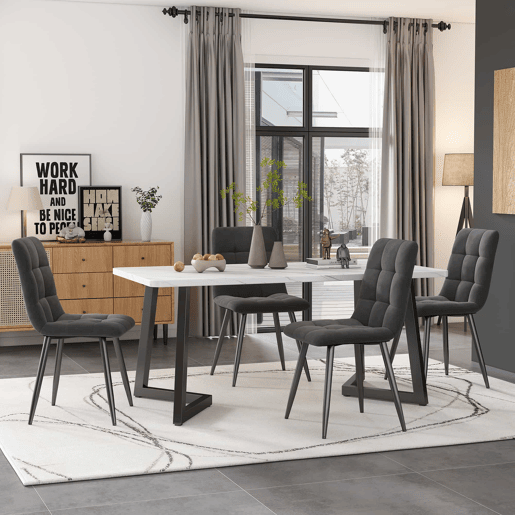 Conjunto de mesa de jantar 117 cm - mesa retangular moderna com 4 cadeiras de veludo cinza - pernas pretas