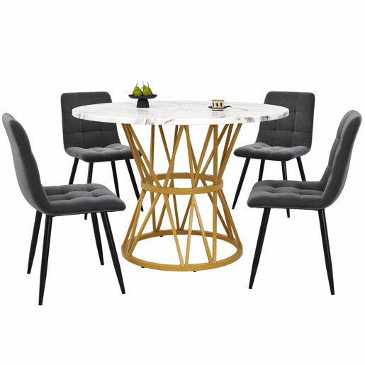 Conjunto de mesa e cadeiras 5 peças 100 cm - Mesa redonda MDF mármore, cadeiras de veludo cinza, pernas metálicas - Dourado, Cinza