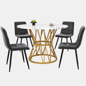Conjunto de mesa e cadeiras 5 peças 100 cm - Mesa redonda MDF mármore, cadeiras de veludo cinza, pernas metálicas - Dourado, Cinza