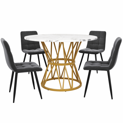 Conjunto de mesa e cadeiras 5 peças 100 cm - Mesa redonda MDF mármore, cadeiras de veludo cinza, pernas metálicas - Dourado, Cinza