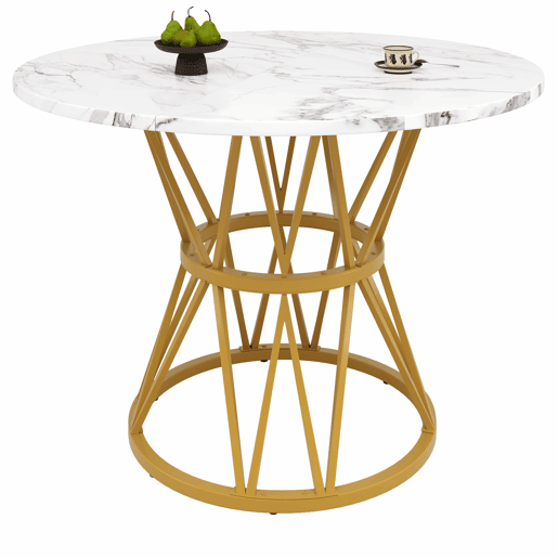 Conjunto de mesa e cadeiras 5 peças 100 cm - Mesa redonda MDF mármore, cadeiras de veludo cinza, pernas metálicas - Dourado, Cinza