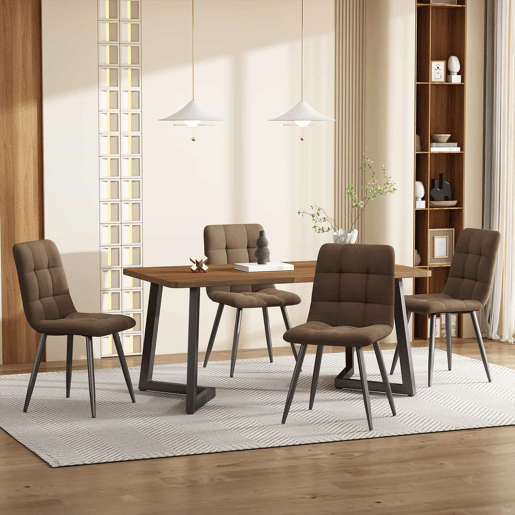 Conjunto de sala de jantar de 5 peças - Mesa com 4 cadeiras - Tampo em MDF nogueira - Estrutura em metal preto - Cadeiras em veludo castanho