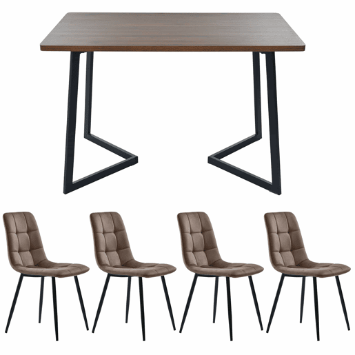 Conjunto de sala de jantar de 5 peças - Mesa com 4 cadeiras - Tampo em MDF nogueira - Estrutura em metal preto - Cadeiras em veludo castanho
