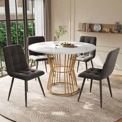 Conjunto de sala de jantar de 5 peças - Mesa redonda de 100 cm com 4 cadeiras de veludo cinza escuro