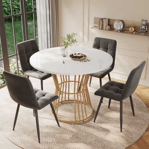 Conjunto de sala de jantar de 5 peças - Mesa redonda de 100 cm com 4 cadeiras de veludo cinza escuro