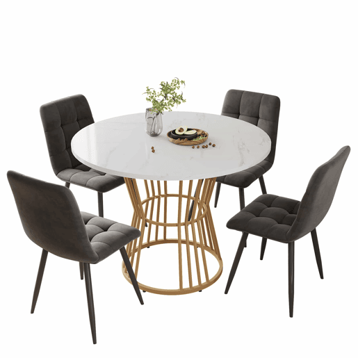 Conjunto de sala de jantar de 5 peças - Mesa redonda de 100 cm com 4 cadeiras de veludo cinza escuro