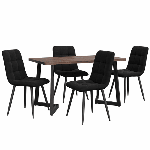 Conjunto de sala de jantar de 5 peças - Mesa de jantar 117x68 cm - Madeira, pernas metálicas pretas, MDF nogueira - Cadeiras de veludo preto