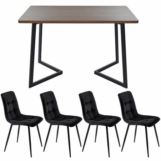 Conjunto de sala de jantar de 5 peças - Mesa de jantar 117x68 cm - Madeira, pernas metálicas pretas, MDF nogueira - Cadeiras de veludo preto