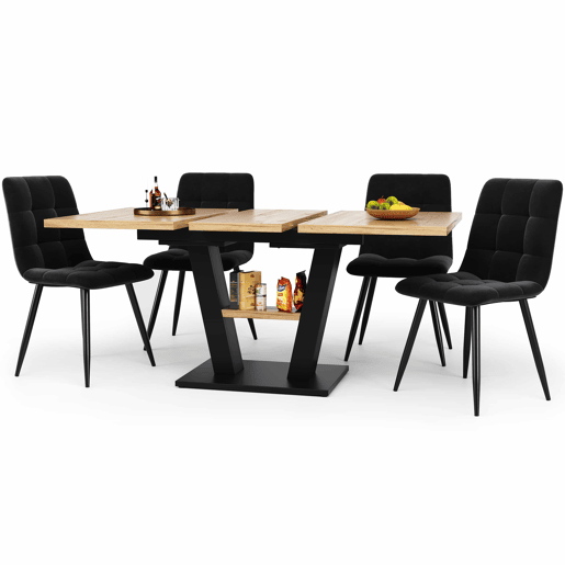 Conjunto de sala de jantar extensível 118-157x70 cm - 4 cadeiras, mesa com pernas em V - Preto, Natural