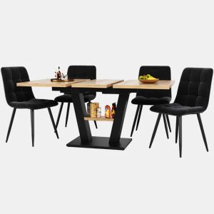 Conjunto de sala de jantar extensível 118-157x70 cm - 4 cadeiras, mesa com pernas em V - Preto, Natural