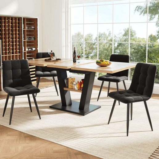 Conjunto de sala de jantar extensível 118-157x70 cm - 4 cadeiras, mesa com pernas em V - Preto, Natural