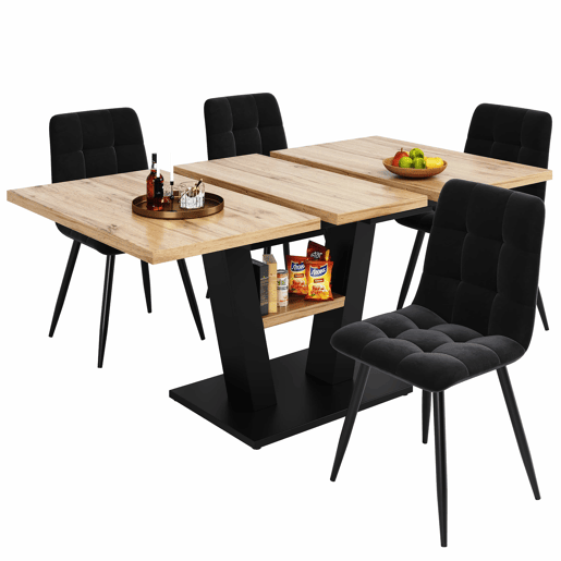 Conjunto de sala de jantar extensível 118-157x70 cm - 4 cadeiras, mesa com pernas em V - Preto, Natural