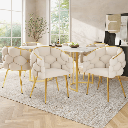 Conjunto de sala de jantar (7 peças) 140x80 cm - mesa com 6 cadeiras, pernas metálicas douradas, design marmorizado - bege, dourado, branco