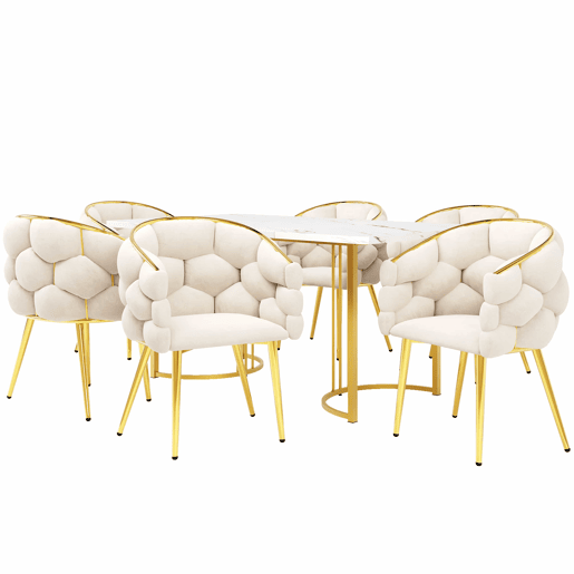 Conjunto de sala de jantar (7 peças) 140x80 cm - mesa com 6 cadeiras, pernas metálicas douradas, design marmorizado - bege, dourado, branco