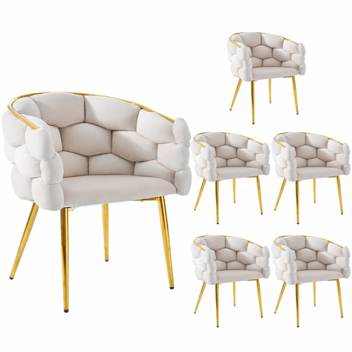 Conjunto de sala de jantar (7 peças) 140x80 cm - mesa com 6 cadeiras, pernas metálicas douradas, design marmorizado - bege, dourado, branco