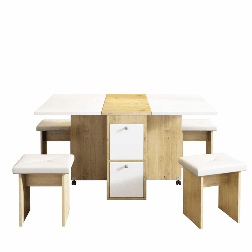 Conjunto de mesa de jantar com 4 cadeiras - mesa rebatível com 2 gavetas 140*80*75cm - em aglomerado de partículas - Branco e dourado