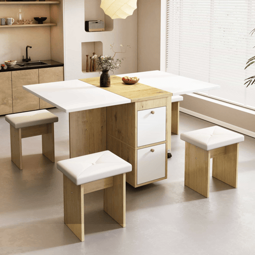 Conjunto de mesa de jantar com 4 cadeiras - mesa rebatível com 2 gavetas 140*80*75cm - em aglomerado de partículas - Branco e dourado