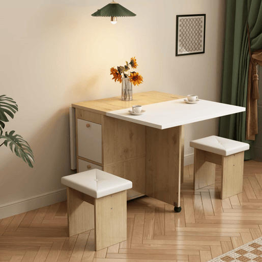 Conjunto de mesa de jantar com 4 cadeiras - mesa rebatível com 2 gavetas 140*80*75cm - em aglomerado de partículas - Branco e dourado