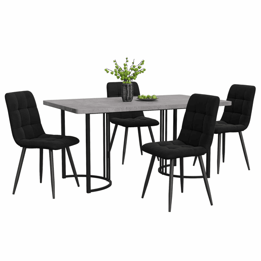Conjunto de sala de jantar de 5 peças 140×80 cm - Mesa de cozinha com 4 cadeiras, pernas metálicas pretas, tampo em MDF cinzento - Veludo preto