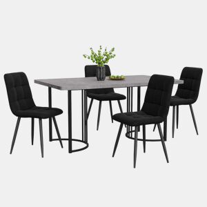 Conjunto de sala de jantar de 5 peças 140×80 cm - Mesa de cozinha com 4 cadeiras, pernas metálicas pretas, tampo em MDF cinzento - Veludo preto