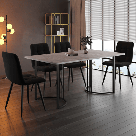 Conjunto de sala de jantar de 5 peças 140×80 cm - Mesa de cozinha com 4 cadeiras, pernas metálicas pretas, tampo em MDF cinzento - Veludo preto