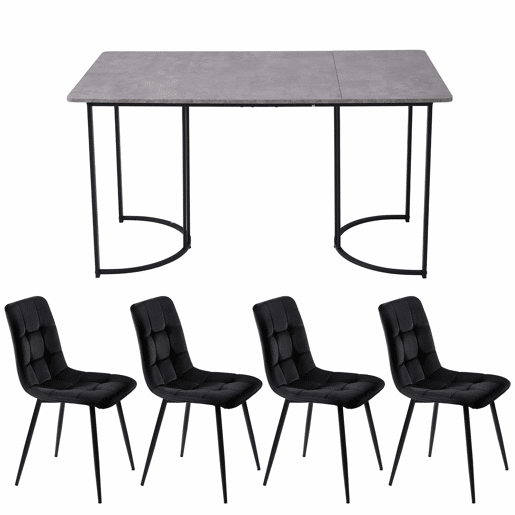 Conjunto de sala de jantar de 5 peças 140×80 cm - Mesa de cozinha com 4 cadeiras, pernas metálicas pretas, tampo em MDF cinzento - Veludo preto