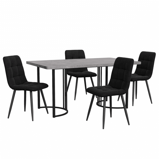 Conjunto de sala de jantar de 5 peças 140×80 cm - Mesa de cozinha com 4 cadeiras, pernas metálicas pretas, tampo em MDF cinzento - Veludo preto