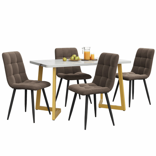 Conjunto de sala de jantar 117x68cm - Mesa retangular moderna com 4 cadeiras, Cadeiras de veludo castanho, Pernas douradas