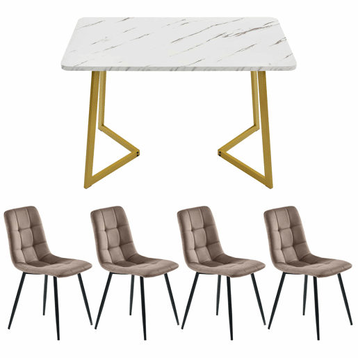 Conjunto de sala de jantar 117x68cm - Mesa retangular moderna com 4 cadeiras, Cadeiras de veludo castanho, Pernas douradas