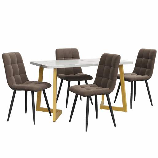 Conjunto de sala de jantar 117x68cm - Mesa retangular moderna com 4 cadeiras, Cadeiras de veludo castanho, Pernas douradas