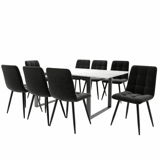 Conjunto de sala de jantar 140180x80cm - 8 cadeiras, mesa moderna, MDF branco, pernas pretas, cadeiras de veludo preto
