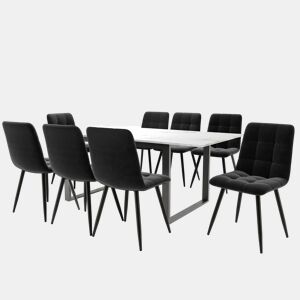 Conjunto de sala de jantar 140180x80cm - 8 cadeiras, mesa moderna, MDF branco, pernas pretas, cadeiras de veludo preto
