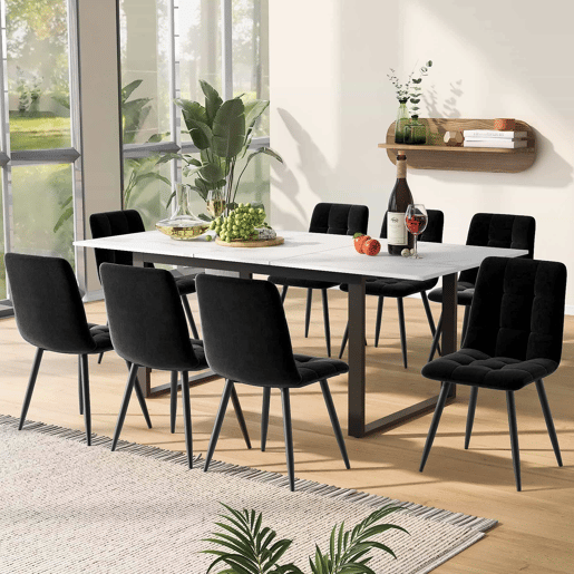 Conjunto de sala de jantar 140180x80cm - 8 cadeiras, mesa moderna, MDF branco, pernas pretas, cadeiras de veludo preto