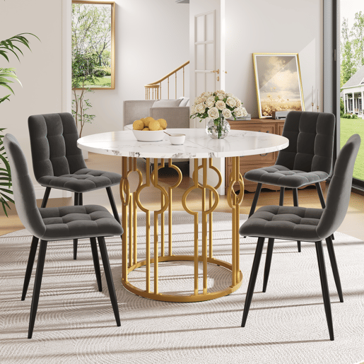 Conjunto de mesa e cadeiras 100 cm - Mesa redonda com pernas metálicas douradas - Samt cinza escuro
